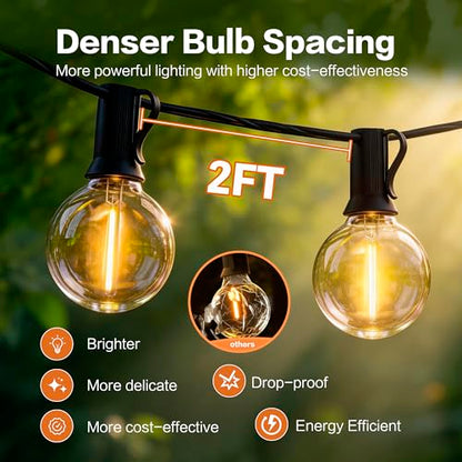 Outdoor String Lights 100FT with 50+2 G40 LED Bulbs, Shatterproof & Waterproof Patio Lights, Connectable Globe String Lights for Backyard Porch Deck Bistro Garden Party - size: 100FT
