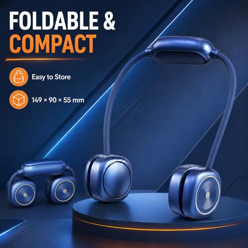 Foldable Neck Fan, Portable Neck Fan Rechargeable, Bladeless Quiet 360° Adjustable Personal Fan, 3 Speeds Hands Free Wearable Fan for Travel, Walking, Camping, Office, Navy Blue - color: F08