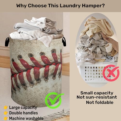 Baseball Laundry Basket with Handles - Extra Large Foldable Hamper for Bathroom/Laundry/Bedroom/Dorm, Washable Fabric Storage Bin - color: Retro Baseball