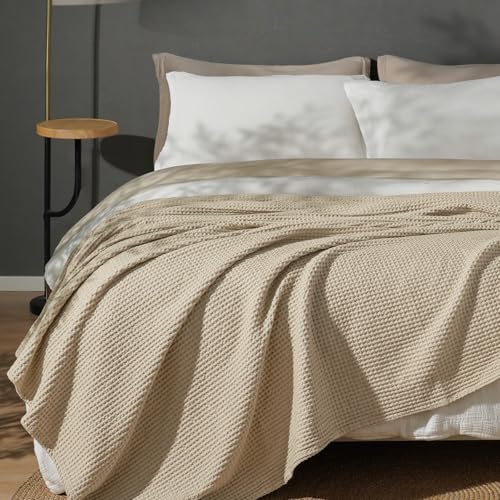 PHF Pre-Washed 100% Cotton Waffle Weave Blanket Twin Size for Bed,Snag Proof Throw Blanket for Couch Spring Summer Lightweight Breathable,Machine Washable, Home Decor Gift - Khaki/Simply Taupe - color: Khaki/Simply Taupe, size: Twin(66" x 90")