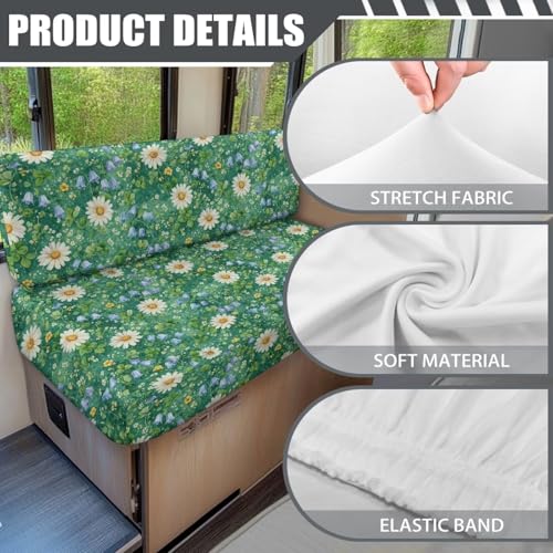 Daisy Floral Green Grass Print RV Dinette Cushion Covers Camper Sofa Cushion Cover Stretchable RV Dinette Seat Covers 2Pcs with Backrest & Bench Cover 2Sets - color: Daisy Floral Green Grass