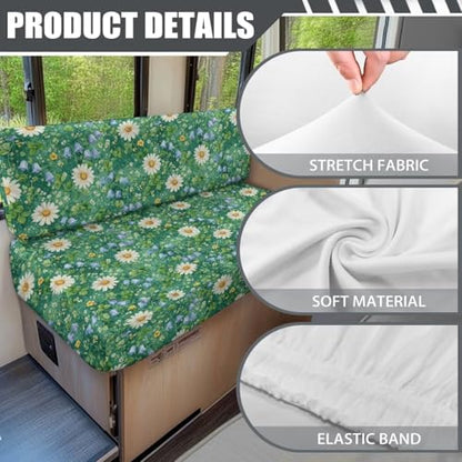 Daisy Floral Green Grass Print RV Dinette Cushion Covers Camper Sofa Cushion Cover Stretchable RV Dinette Seat Covers 2Pcs with Backrest & Bench Cover 2Sets - color: Daisy Floral Green Grass