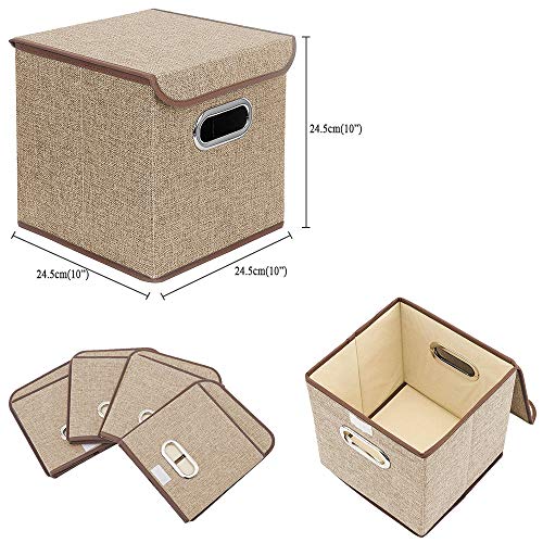 Storage Bin [Set of 4] Linen Fabric Foldable Container with Lid, Collapsible Organizer Boxes Cubes – 10 x 10 x 10 Inches (Beige) - color: Beige