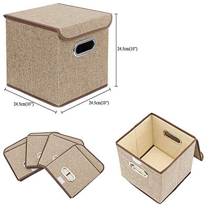 Storage Bin [Set of 4] Linen Fabric Foldable Container with Lid, Collapsible Organizer Boxes Cubes – 10 x 10 x 10 Inches (Beige) - color: Beige