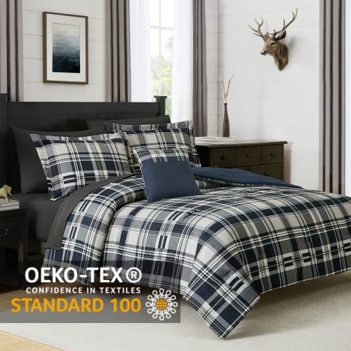 MaiRêve Queen Size Comforter Set Navy Blue, Classic Plaid Farmhouse 7 Pieces Bedding Set, All Season Lightweight Bed in a Bag with Sheets, Pillowcases & Shams - color: Navy Blue, size: Queen