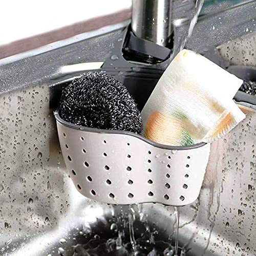 EC ELEGANTCHARM Kitchen Sink Caddy Sponge Holder Silicone Plastic Soap Holder Hanging Ajustable Strap Faucet Caddy with Drain Holes for Drying - color: White-1 Pack