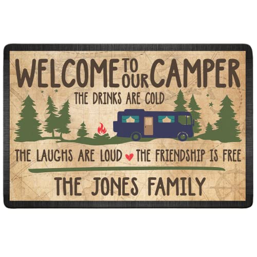 Personalized Welcome to Our Camper Doormat - Custom Family Name The Drinks are Could The Laughs are Loud The Friendship is 16 x 24 inches - color: Style 2