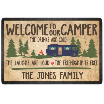 Personalized Welcome to Our Camper Doormat - Custom Family Name The Drinks are Could The Laughs are Loud The Friendship is 16 x 24 inches - color: Style 2