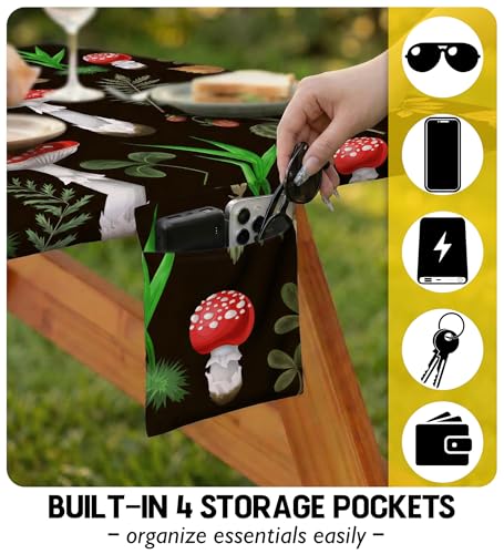 Fitted Picnic Table Cover with Bench Covers Vinyl Waterproof Elastic Edges Fitted Rectangle Table Cloth Patio Tablecloth Camping Essentials Rv Gear Accessories Road Trip Supplies Car Travel Must Have - color: Black Red Mushrooms, size: 72in