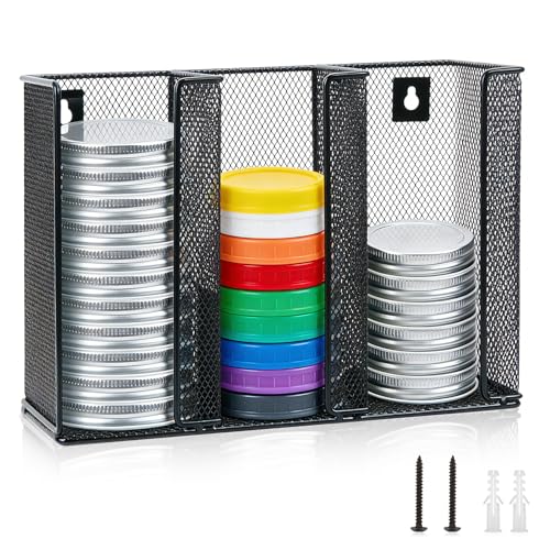 Wall Mounted Mason Jar Lid Organizer Metal Mason Jar Lid Holder 3-Compartment Mason Jar Lid Rack Vertical Mason Jars Lid Storage Wide Mouth Canning Lid Holder for Kitchen Countertop