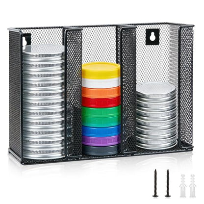 Wall Mounted Mason Jar Lid Organizer Metal Mason Jar Lid Holder 3-Compartment Mason Jar Lid Rack Vertical Mason Jars Lid Storage Wide Mouth Canning Lid Holder for Kitchen Countertop