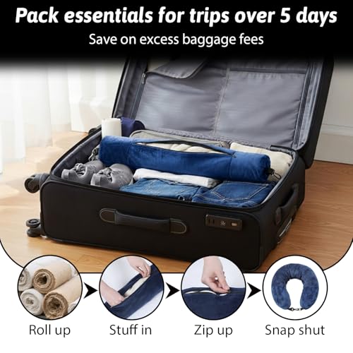 Stuffable Travel Pillow Stuffable Neck Pillow for Traveling Fillable Neck Pillows with Clothes Storage Fits 5+ Days of Travel Essentials Blue - color: Blue