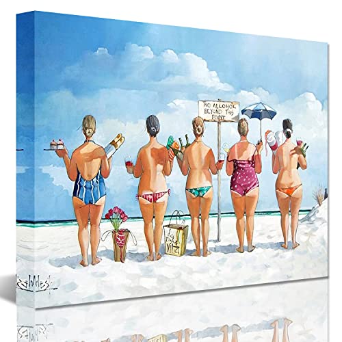 Bathroom Beach Canvas Wall Art - No Alcohol Beyond This Point by Ronald West - Beach Girls Canvas Prints Ocean Wall Decor for Home Decoration 12"x18" - color: White, size: 12"L x 18"W