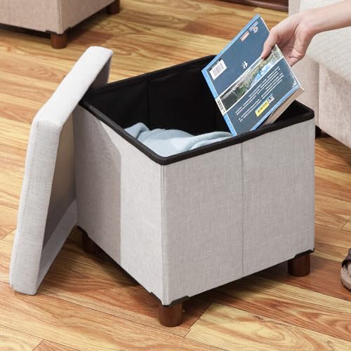 15 Inch Storage Ottoman with Wooden Legs - Cube Foot Rest Stool, Square Footstool, Comfortable Seat with Lid, Foldable Fabric Ottoman, Space-Saving White - color: Squ Light Grey
