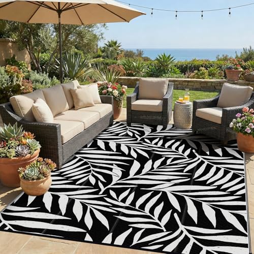Smiry Outdoor Rug 6x9 ft, Waterproof Reversible Plastic Straw Rugs, Outdoor Area Rug with Leaf Pattern, Outside Floor Mat for Patio, Backyard, Deck, Picnic, Beach, Camping, Black & White - color: Black & White, size: 6' X 9' (Rectangular)