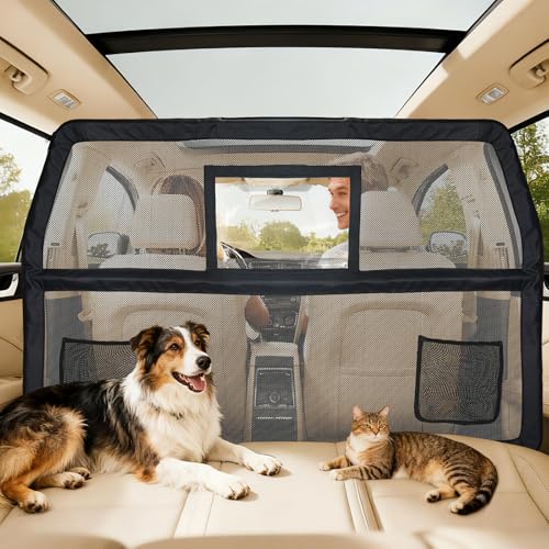 50" Pet Dog Car Barrier with Removable Visual Window, Pet Barrier for Car Escape-Proof, Back Seat Divider & Cargo Area Gate, Durable Dog Net for Car, Ideal for Trucks, SUV & Mid-Sized Vehicle - size: Medium 52"*32"