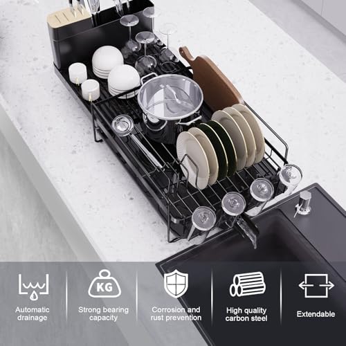 Runnatal Dish Drying Rack Extendable, Large Dish Rack with Drainboard, Utensil Holder, Cup Holder, Expandable Dish Drainer for Kitchen Counter, 20.5"-27.6" L x 12.6" W - size: 20.5"-27.6" L x 12.6" W