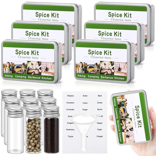 Reallnaive 6 Sets Mini Travel Spice Kit Camping Spice Seasoning Kit with 4 Jar Camping Container Portable Mini Metal Condiment Bottle Labels Sticker Funnel for Travel Kitchen Outdoor Picnic BBQ