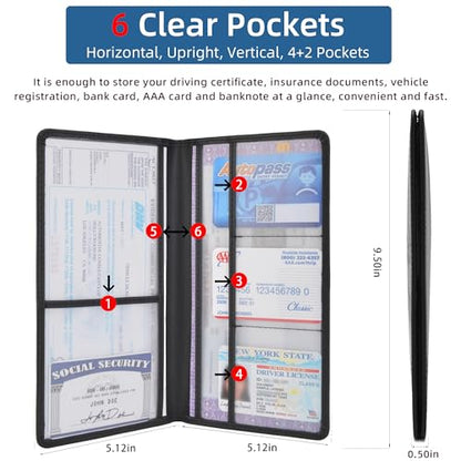 Premium Car Registration & Insurance Card Holder with Magnetic Closure & Clear Pockets, Glove Box Organizer for Documents, Driver's License (Black)