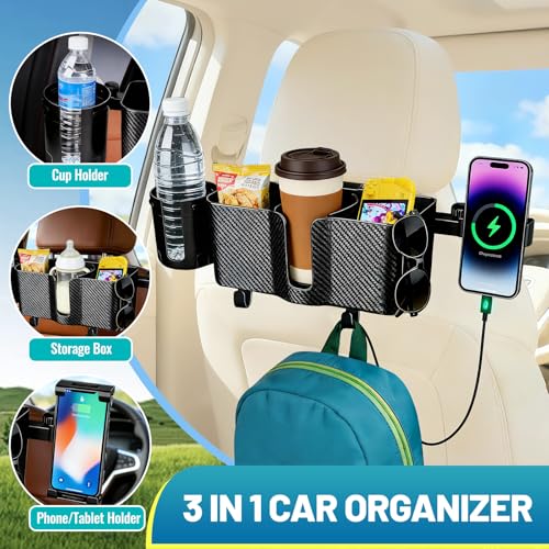 Car Headrest Backseat Storage Box with 2 Cup Holders, Back Seat Car Organizer 5"-13" Tablet Phone Holder with Hook, Adjustable 3-in-1 Multifunctional Car Essential Food Tray for Travel Accessories