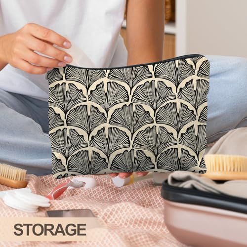 Abstract Black and Beige Makeup Bag, Art Deco Feather Palm Botanical Cosmetic Bags for Women, Mid Century Modern Art Zipper Makeup Pouch - color: Ginkgo biloba leaves