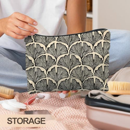 Abstract Black and Beige Makeup Bag, Art Deco Feather Palm Botanical Cosmetic Bags for Women, Mid Century Modern Art Zipper Makeup Pouch - color: Ginkgo biloba leaves
