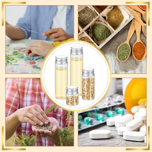 Didaey 100 Pcs Small Clear Vials Spice Mini Jars with Lids Mini Glass Bottles with Screw Aluminum Metal Caps Tiny Jars Sample Containers for Powder Cream Cosmetic Jewelry Wedding (4 Size,Silver Caps) - color: Silver Caps, size: 4 ml