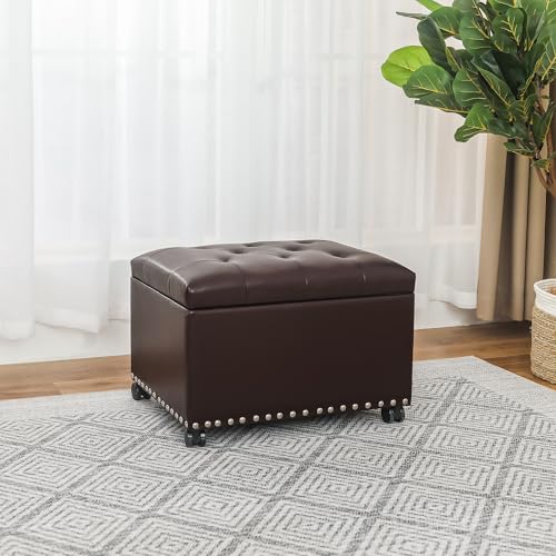 Joveco Leather Storage Ottoman with 360° Caster Wheels 24" Foot Rest Bench Rectangle Ottomans Stool for Living Room Bedroom (Brown, Wheels) - color: Brown With Casters