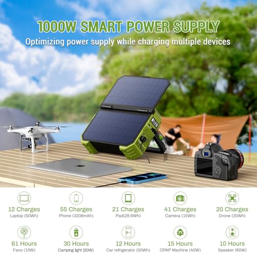 BROWEY Portable Power Station, 1000W (Peak 2000W) Solar Generator with Built-in Solar Panel, 614WH LiFePO4 Battery Pack, AC/DC/USB/PD Outputs, for Outdoor Camping, RV Travel, Emergency Preparedness - style: S1000 Green