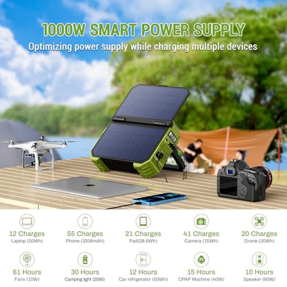 BROWEY Portable Power Station, 1000W (Peak 2000W) Solar Generator with Built-in Solar Panel, 614WH LiFePO4 Battery Pack, AC/DC/USB/PD Outputs, for Outdoor Camping, RV Travel, Emergency Preparedness - style: S1000 Green