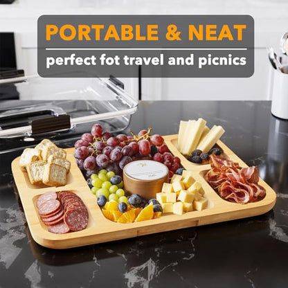 SpaceAid Charcuterie Board with Clear Lid, Portable Travel Cheese Cutting Boards for Picnic Accessories, Bamboo Serving Tray with Lids, House Warming Gifts, Black Handles, 5 Compartments - color: Black Handles, 5 Compartment
