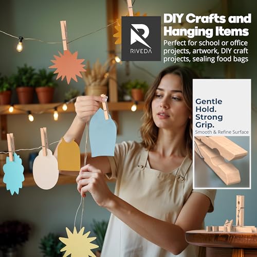 RIVEDA 50pcs Wooden Clothes Pins with Storage Bag, 2.9 Inch Natural Wood Clothespins, Strong Grip Laundry Clips for Clothesline, Hanging Clothes, Crafts & Home Use - color: Wood