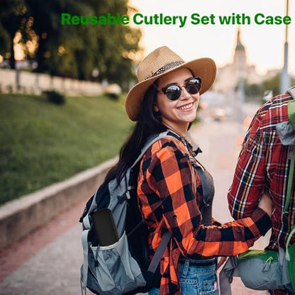 Travel Utensils with Case, Camping Utensil Sets, Wheat Straw Portable Knife Fork Spoons Tableware, Reusable Utensils for Lunch Box (Black) - color: Black
