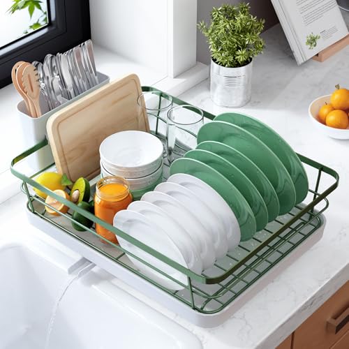 Kitsure Dish Drying Rack for Kitchen Counter, Stainless Steel Sink Organization and Storage Essentials with Cutlery Holder, Home and Appartment Decor, 12''W x 15.5''L, Green - color: Green, size: 12''W x 15.5''L - 1 Tier