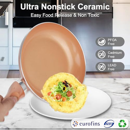 M MELENTA Pots and Pans Set Ultra Nonstick, Pre-Installed 11pcs Cookware Set Copper with Ceramic Coating, Stay cool handle & Nylon Kitchen Utensils, Gas/Induction Compatible, 100% PFOA Free