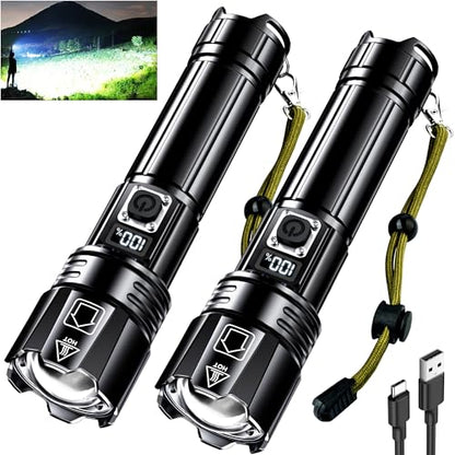 AKNEAR Rechargeable LED Flashlight High Lumens, Super Bright Flashlights with Zoomable & USB C Rechargeable & 5 Light Mode & IPX7 Waterproof, Powerful Flash Light for Home, Hiking, Camping - size: 2 Pack, style: Digital Display