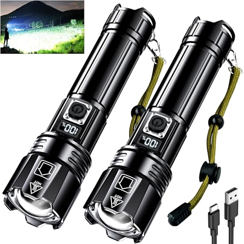 AKNEAR Rechargeable LED Flashlight High Lumens, Super Bright Flashlights with Zoomable & USB C Rechargeable & 5 Light Mode & IPX7 Waterproof, Powerful Flash Light for Home, Hiking, Camping - size: 2 Pack, style: Digital Display