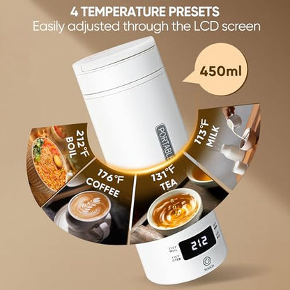 Portable Electric Kettle, Travel Tea Kettle, Small Hot Water Boiler Coffee Heater 450ML, 316 Stainless Steel, 4 Temperature Settings with Fast Boiling Water Auto Shut-off Boil Dry Protection (White) - color: White