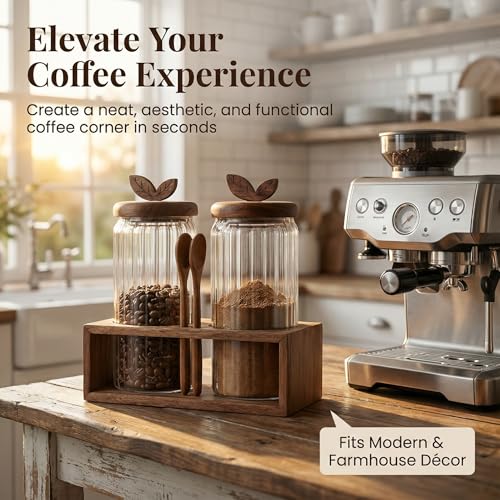 Coffee Bar Glass Canister Set of 2, Airtight Glass Storage Jars with Acacia Wood Lids, Spoons and Organizer Tray for Coffee Beans, Sugar, Tea and Kitchen Counter (2 x 34floz)