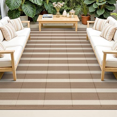 Vaukki Waterproof Outdoor Rug 6x9, Reversible Striped Patio Rug, Lightweight Plastic Straw Camping Mat, Indoor Outdoor RV Carpet for Outsides, Patio, Camping, Balcony, RV and Deck, Brown and Beige - color: Brown and Beige, size: 6' x 9' (Rectangular)