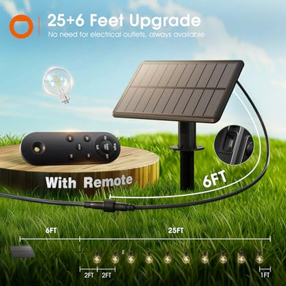addlon 31FT (25+6) Solar String Lights with Remote, 13 Shatterproof G40 Bulbs, Solar Powered & USB Charging Patio Lights, Dimmable Waterproof Solar Light Outdoor for Camping Porch Backyard Party Decor - size: 25FT