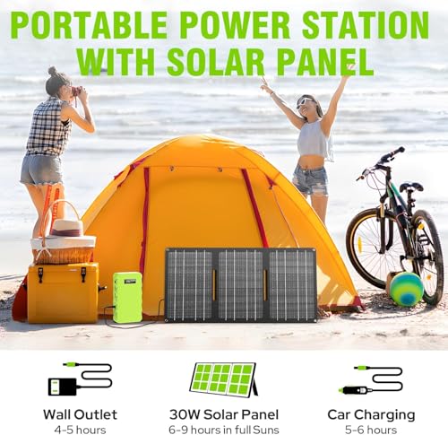 powkey 24000mAh/65W Solar Generator 30W with Panels Included, 88Wh Portable Power Station with AC Outlet, Lithium Battery Rechargeable Powered Bank with 110V AC Outlet for Emergency (Green+Black) - color: Green+black