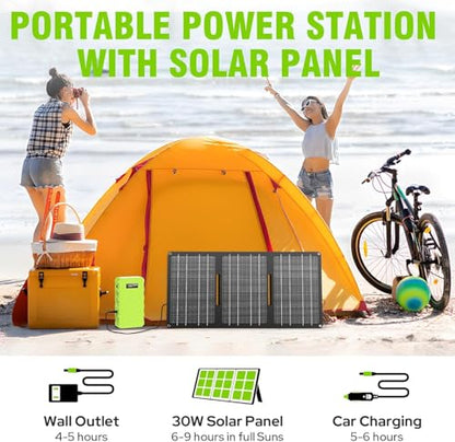 powkey 24000mAh/65W Solar Generator 30W with Panels Included, 88Wh Portable Power Station with AC Outlet, Lithium Battery Rechargeable Powered Bank with 110V AC Outlet for Emergency (Green+Black) - color: Green+black