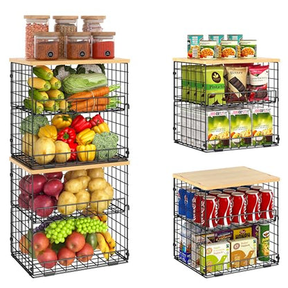 4 Pack Stackable Wire Baskets for Pantry Organizers and Storage, Pantry Baskets with Fixed Wooden Top, Fruit and Vegetable Storage Bins for Organizing Onion Potato Snack for Kitchen Cabinet/Countertop