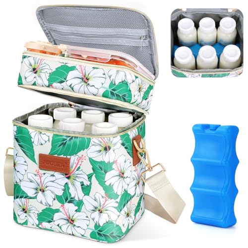 PIIOSER Breastmilk Cooler Bag with Ice Pack, Fits 6 Baby Bottles Up to 9 Oz, Stylish Baby Cooler Travel Bags with Shoulder Strap, Double Layer & Leakproof for Nursing & Working Moms Daycare, Floral - color: Floral Printed