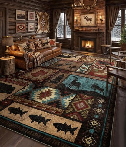 YIHOUSE Rustic Cabin Rugs for Living Room 9x12, Wildlife Bear & Deer Area Rug, Washable Southwestern Lodge Large Area Rug - color: Brown, size: 9'x12' (Rectangular)