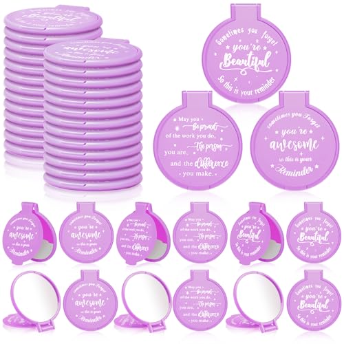 Wenqik 64 Pcs Inspirational Mini Compact Mirrors Bulk, Women Small Gifts Bulk, Group Team Party Favors, Mini Pocket Purse Mirror for Travel, Client, Guest, Wedding, Birthday, Cheerleader (Purple) - color: Purple