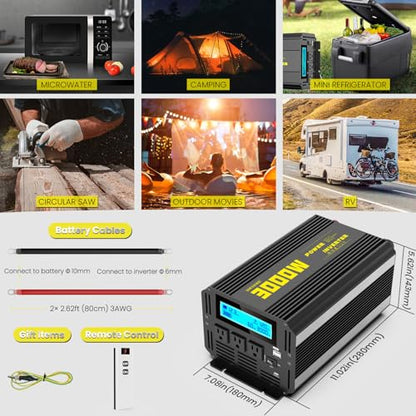 3000 Watt Modified Sine Wave Power Inverter, 12V DC to AC 110V/120V (Peak) 6000W Converter 3 Outlet Car Inverter with Remote Control and LED Display 3.4A USB Port - size: SY-12V-3000