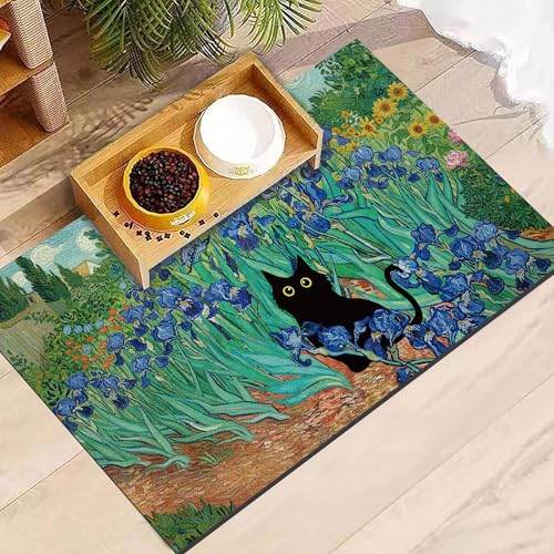 Black Cat Pet Feeding Mat, Absorbent Dog/Cat Food Mat for Food and Water Bowl, Non-Slip Quick Dry Pet Placemat Floor Protector for Messy Drinkers(12 x 20 in) - color: Black Cat, size: 12x20in