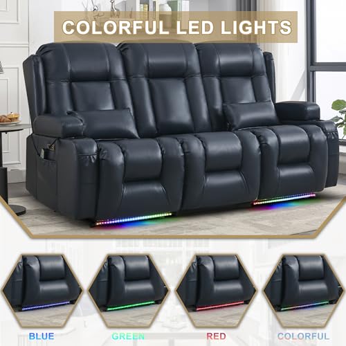 URRED Power Loveseat Recliner Sofa with Massage and Heat, Wall Hugger Reclining Loveseat with Console, RV Couch Home Theater Seating with LED Lights for Living Room (Dark Blue, 76.8" - 3 Seats) - color: Dark Blue, size: 76.8" - 3 Seats